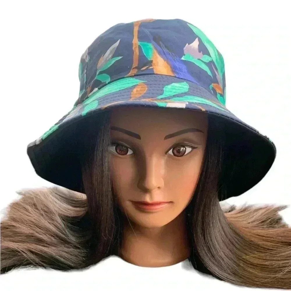 Boutique Handcrafted OSFM Navy Blue Bird Printed Bucket Hat Birding Fauna Floral - Picture 2 of 7